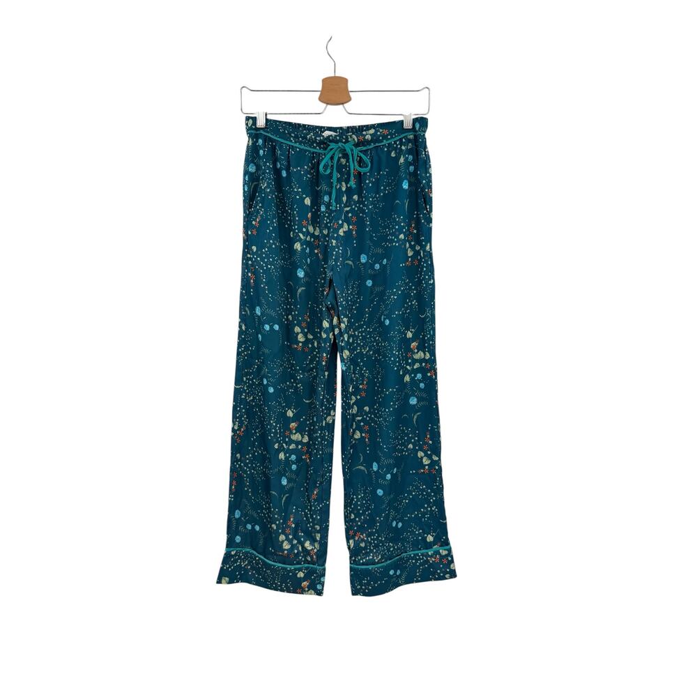 Bed To Brunch Botanical Pajama Lounge Pants Teal Satin Feel Drawstring Small